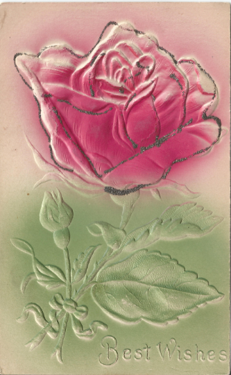 Pink Fuchsia Rose Airbrushed / Heavily Embossed Novelty Silver Glitter Postcard